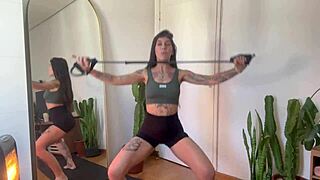 Inked girl rubber band workout warm up strength sfw yoga fitness