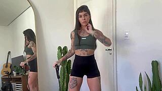 Inked girl rubber band workout warm up strength sfw yoga fitness