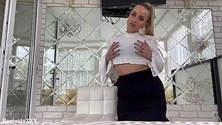 Sexy cougar spreads her legs, rubs pussy, then fucks hard with vibrator until wet orgasm