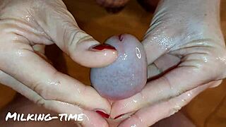 amazing glans polishing handjob with milking and oiled tits