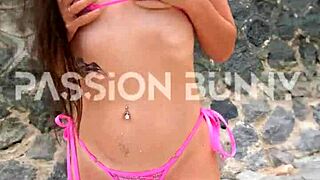 public bikini flashing by sexy hottie on the beach