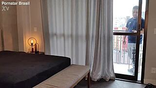 Brazilian pornstar strokes huge tattooed cock with feet fetish handjob, cumming in solo masturbation