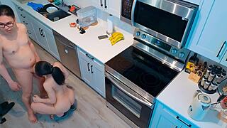 Young Asian bent over for tight pussy doggystyle in kitchen