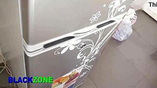 step son loves step mother in the kitchen with close up action