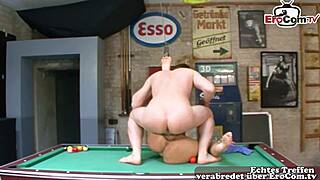 Does the german curvy big tits slut fuck on the billiard table?