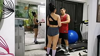 personal trainer covers mouth to silence moans in gym during rough doggystyle