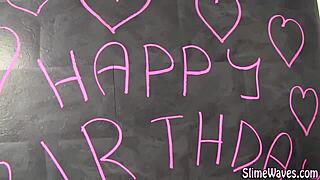 Slime covered facial babe endures blowbang bukkake with messy cumshots