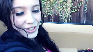 Black-haired teen with big natural saggy tits gets picked up by an older guy and experiences her first rough fuck in a full porn scene