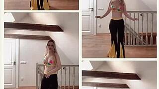 Hey, check out this celebrity belly dancer with huge belly shaking to music in glasses.