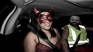 After the Halloween party, she returns home thoroughly fucked and filled with cum