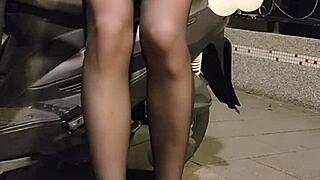 Shemale ting xuan in office suit plays with love egg outdoors