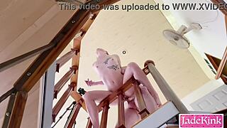 kinky couple taking risk and fucking like crazy on staircase, it's so intense and wild