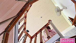 kinky couple taking risk and fucking like crazy on staircase, it's so intense and wild