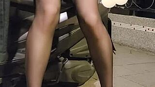 Shemale ting xuan in office suit plays with love egg outdoors