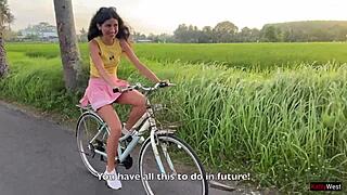 cute teen learns to ride bike and stranger's cock in outdoor creampie