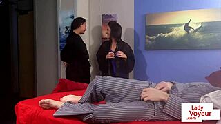 Cute femdoms in lingerie humiliate a sub guy