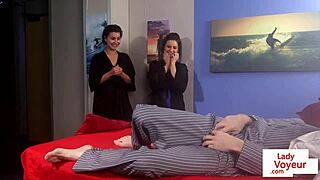 Cute femdoms in lingerie humiliate a sub guy