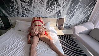 Milf passionately fucks two cocks, receiving anal and pussy creampie in hotel window