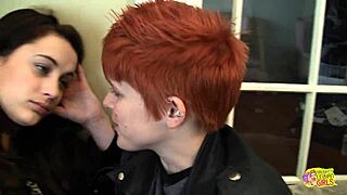 redhead lesbian fucks brunette friend with strap on