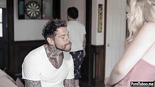 The older guy says, 'I'm taking your virginity, nervous tiny blonde teen.'