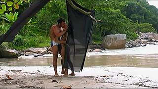 stunning acrobatic fuck on tropical beach ends with cumshot on babes face