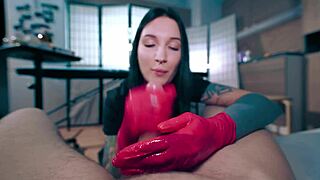 sexy nurse in latex gloves helped patient collect semen analysis