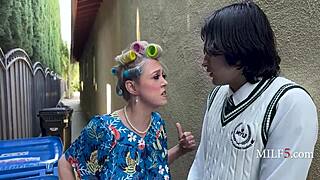 asian milf grabs young guy's hard cock at the gym, won't let it go