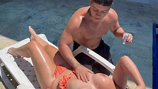 Hot Colombian big tits getting fucked outdoors by the pool