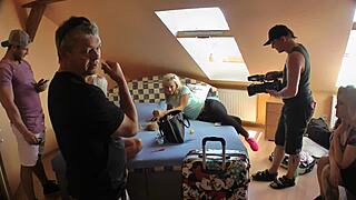 big dick blowjob threesome party in school uniforms and stockings backstage