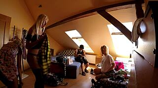 big dick blowjob threesome party in school uniforms and stockings backstage