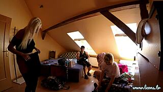 big dick blowjob threesome party in school uniforms and stockings backstage