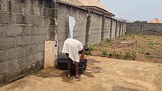 Housewife engages with husband's brother outdoors by the window