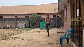 Housewife engages with husband's brother outdoors by the window