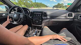 i'm giving a messy handjob with huge cumshot while driving