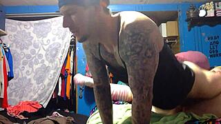 The tattooed blonde slut says, 'Fuck me now bent over in doggystyle, make me your whore'