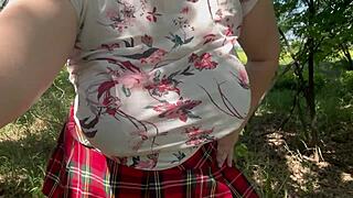 big boobed milf wife playing hairy pussy public outdoors in forest