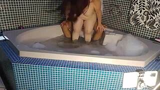 the latina hottie teases with big cock machine outdoors