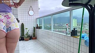 Voyeur Watches Neighbor Cleaning In Shorts, What A Delight