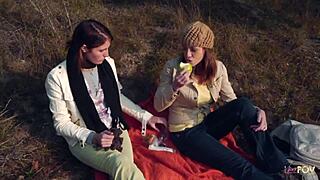 Outdoor Lesbian Couple Shares Gentle Kiss Before Heating Up With Strapon Play