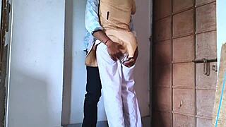 College student girl fucks her teacher in the college shed