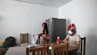 a housemaid touches her body very sensually and flirts with a dildo while feeding a blind man in the house!