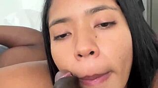 Sexy brunette in amateur couple gives delicious blowjob, licking balls, deepthroating, and sucking big cock