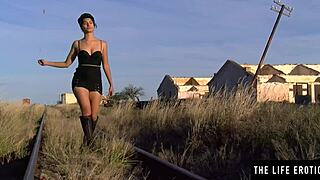 Adventurous brunette beauty masturbates with toys in abandoned railroad car, fingering her hairy pussy