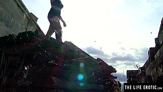 Adventurous brunette beauty masturbates with toys in abandoned railroad car, fingering her hairy pussy