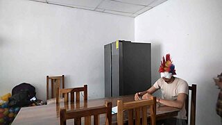 a housemaid touches her body very sensually and flirts with a dildo while feeding a blind man in the house!