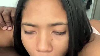 Sexy brunette in amateur couple gives delicious blowjob, licking balls, deepthroating, and sucking big cock