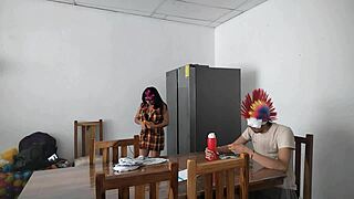 a housemaid touches her body very sensually and flirts with a dildo while feeding a blind man in the house!