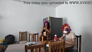 a housemaid touches her body very sensually and flirts with a dildo while feeding a blind man in the house!