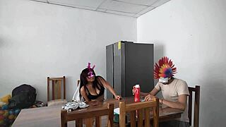 a housemaid touches her body very sensually and flirts with a dildo while feeding a blind man in the house!