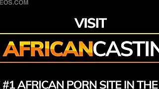 Dark skinned African bombshell performs interracial blowjob, deepthroat, licking, sucking, and swallowing in casting interview with facial